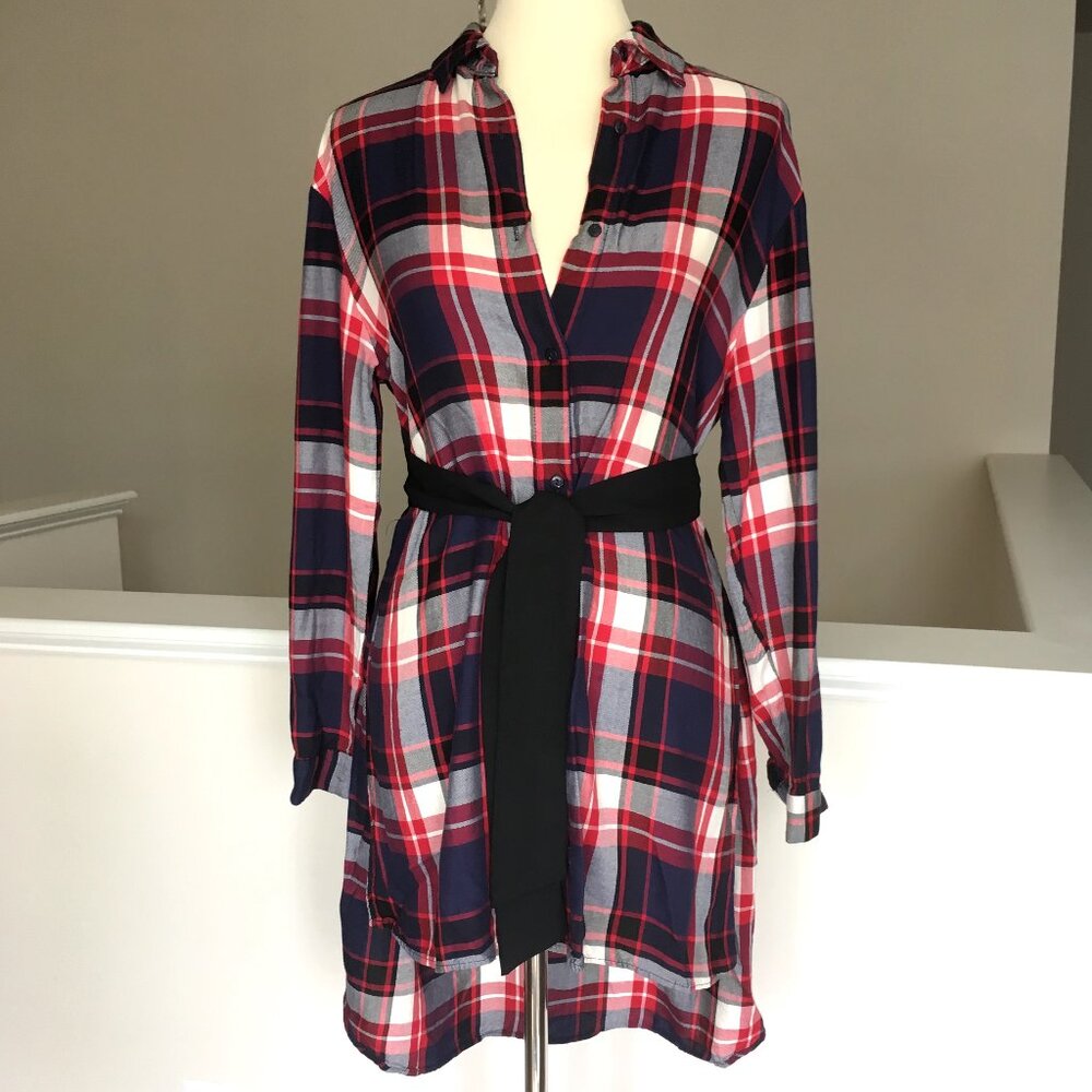 ZARA Plaid Tunic Button Down Shirt Dress Small Trafaluc Tartan Printed Belted - Picture 2 of 12